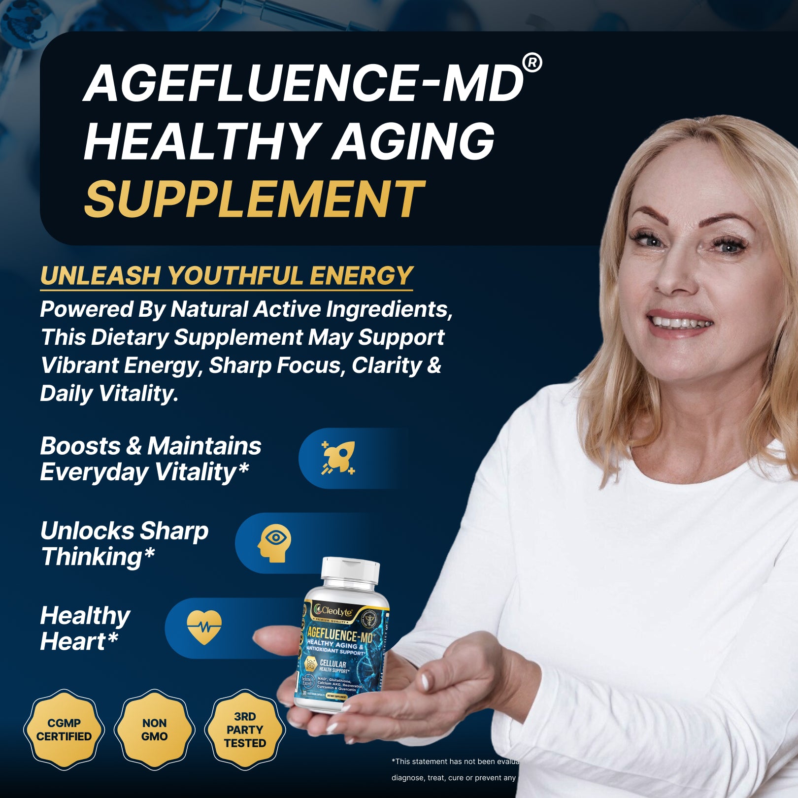 AGEFLUENCE-MD® – Advanced 7-in-1 Longevity Featuring NAD+, Organic SelenoExcell® Selenium Blend Formulated By Doctors for Cellular Energy, Brain Focus & Healthy Aging