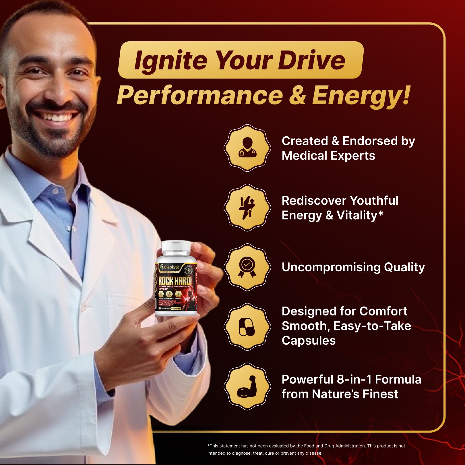 Unleash Power & Performance Naturally with ROCK HARD! 8-in-1 Premium Blend Formulated & Recommended By Doctors for Men’s Vitality, Focus, Stamina & Drive